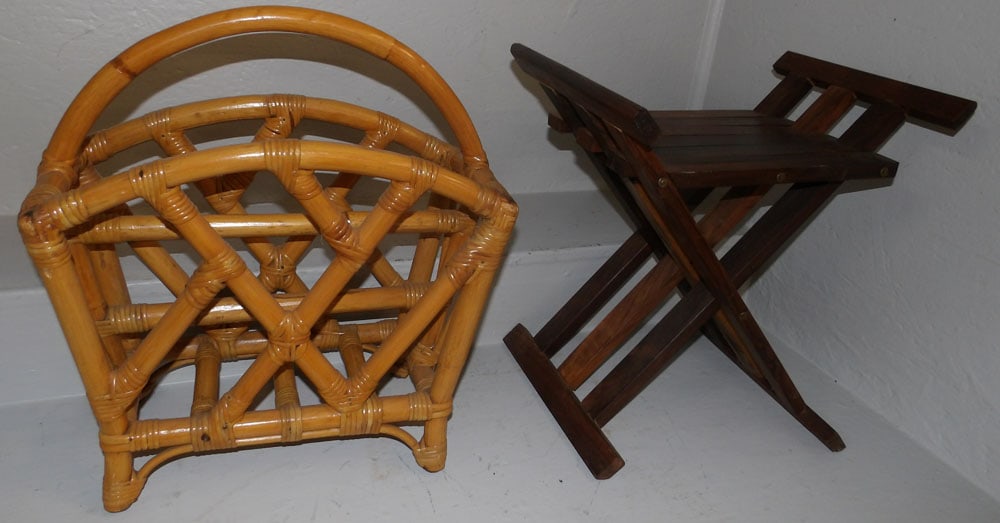 Rattan Magazine Stand & Rosewood Slatted Bench (1 of 3)