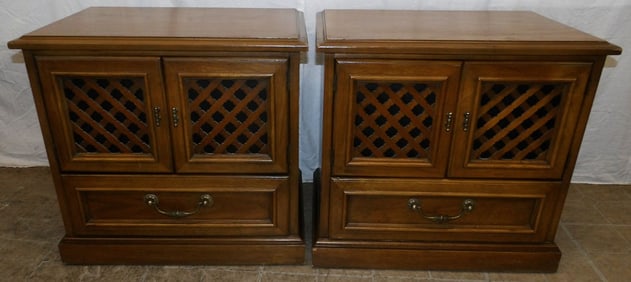 Pair of Mid Century Modern Walnut Slatted Door Night Stands by Drexel