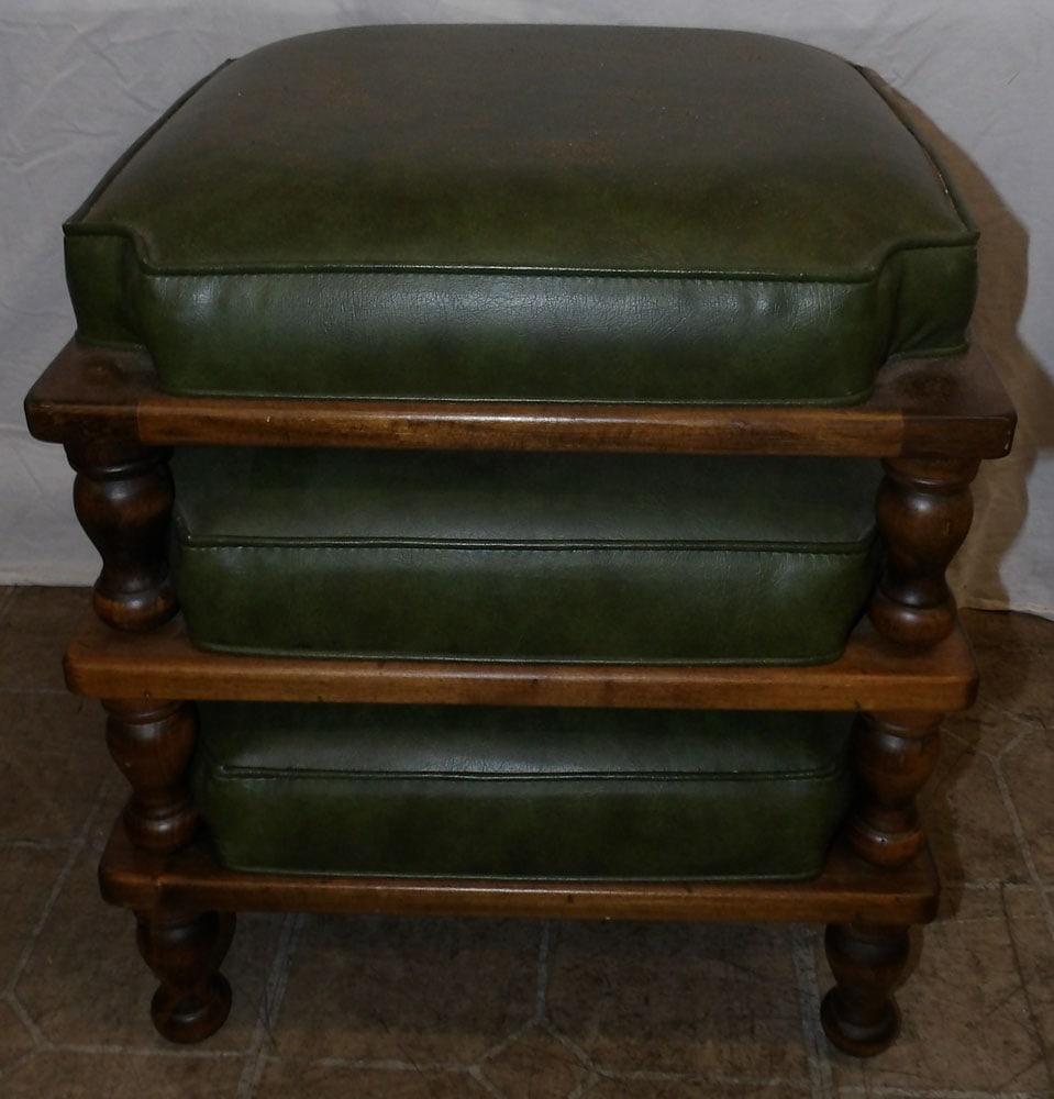 Set of Three Maple Nesting Stools with Faux Leather Upholstered Tops by Ethan Allen: Set of Three Maple Nesting Stools with Faux Leather Upholstered Tops by Ethan Allen. 18 1/2" H 17" Dia. ALL DESCRIPTIONS AND ANY CONDITION STATEMENT GIVEN BY LANGSTON AUCTION GALLERY ARE STRICTLY OPIN