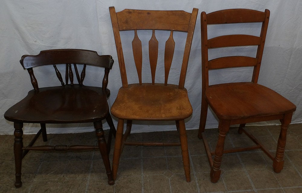 Three Side Chairs: Three Side Chairs . Up to 34 1/2" H 16 1/2" W 17" D ALL DESCRIPTIONS AND ANY CONDITION STATEMENT GIVEN BY LANGSTON AUCTION GALLERY ARE STRICTLY OPINIONS AND LANGSTON'S SHALL HAVE NO RESPONSIBILITY FOR