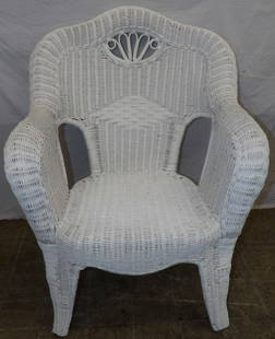 Painted Wicker Arm Chair: Painted Wicker Arm Chair. 35" H 27" W 24" D ALL DESCRIPTIONS AND ANY CONDITION STATEMENT GIVEN BY LANGSTON AUCTION GALLERY ARE STRICTLY OPINIONS AND LANGSTON'S SHALL HAVE NO RESPONSIBILITY FOR ERRORS