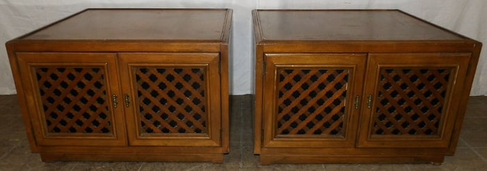 Pair of Walnut Mid Century Modern Slatted Door Low Stands by Drexel