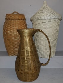 Painted Wicker Ewer & Basket & Split Wood Basket