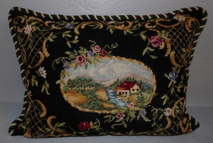 Needlepoint Pillow with Farm Scene Motif