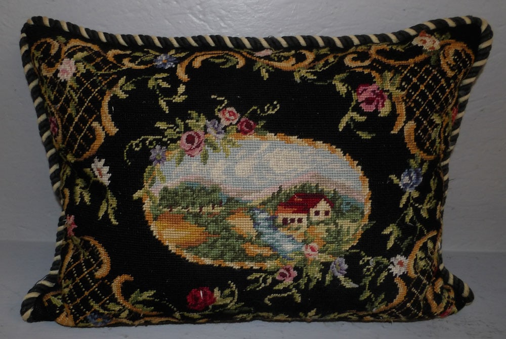 Needlepoint Pillow with Farm Scene Motif: Needlepoint Pillow with Farm Scene Motif. 21 1/2" x 15 1/2" ALL DESCRIPTIONS AND ANY CONDITION STATEMENT GIVEN BY LANGSTON AUCTION GALLERY ARE STRICTLY OPINIONS AND LANGSTON'S SHALL HAVE NO RESPONSIBI
