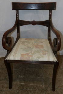 Mahogany Regency Style Arm Chair: Mahogany Regency Style Arm Chair. 34 1/4" H 20 1/2" W 21" D ALL DESCRIPTIONS AND ANY CONDITION STATEMENT GIVEN BY LANGSTON AUCTION GALLERY ARE STRICTLY OPINIONS AND LANGSTON'S SHALL HAVE NO RESPONSIBI