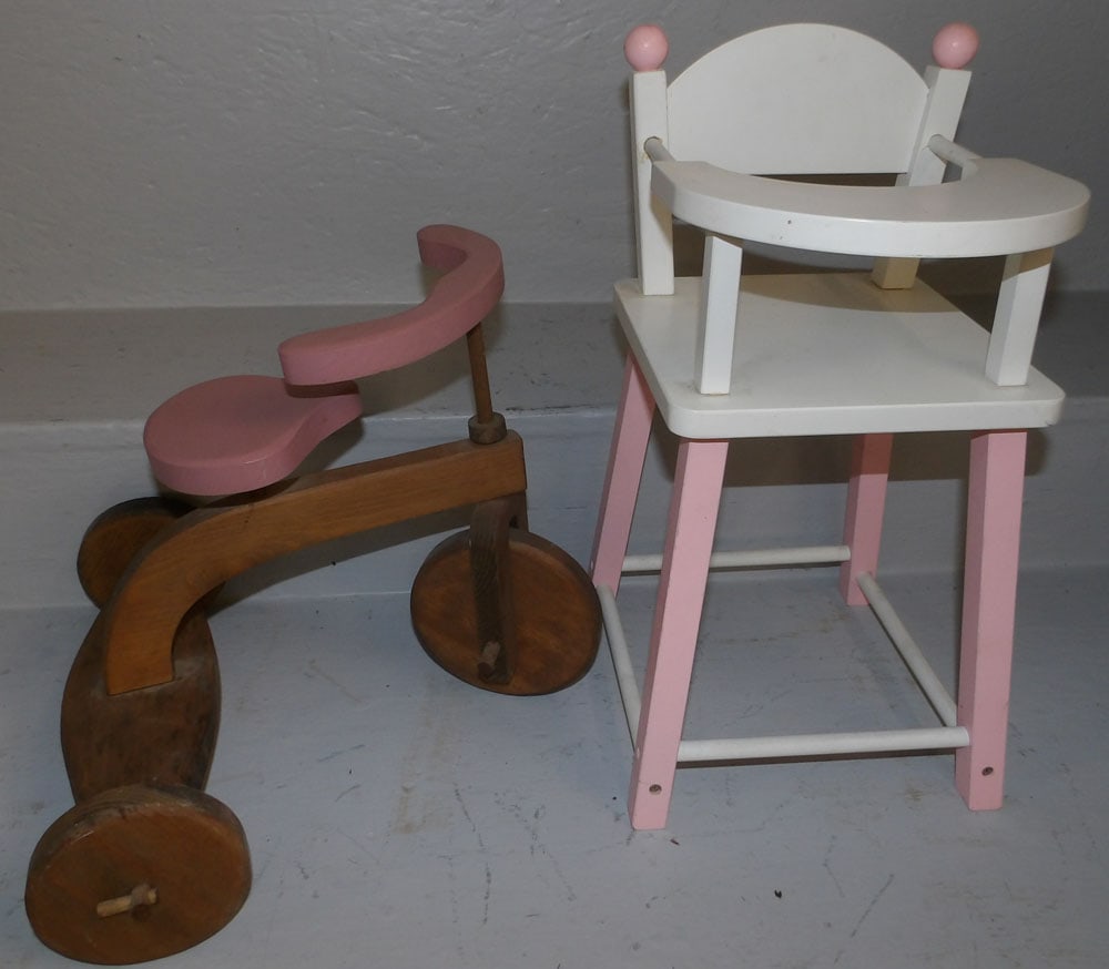Painted Wood Doll Chair & Tricycle: Painted Wood Doll Chair & Tricycle. Up to 16 1/2" H 8 3/4" W 9" D ALL DESCRIPTIONS AND ANY CONDITION STATEMENT GIVEN BY LANGSTON AUCTION GALLERY ARE STRICTLY OPINIONS AND LANGSTON'S SHALL HAVE NO RESP
