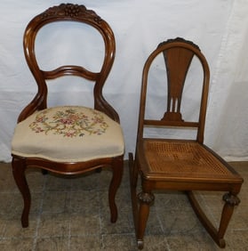 Antique Walnut Victorian Side Chair with Needlepoint Seat & Walnut Rocker