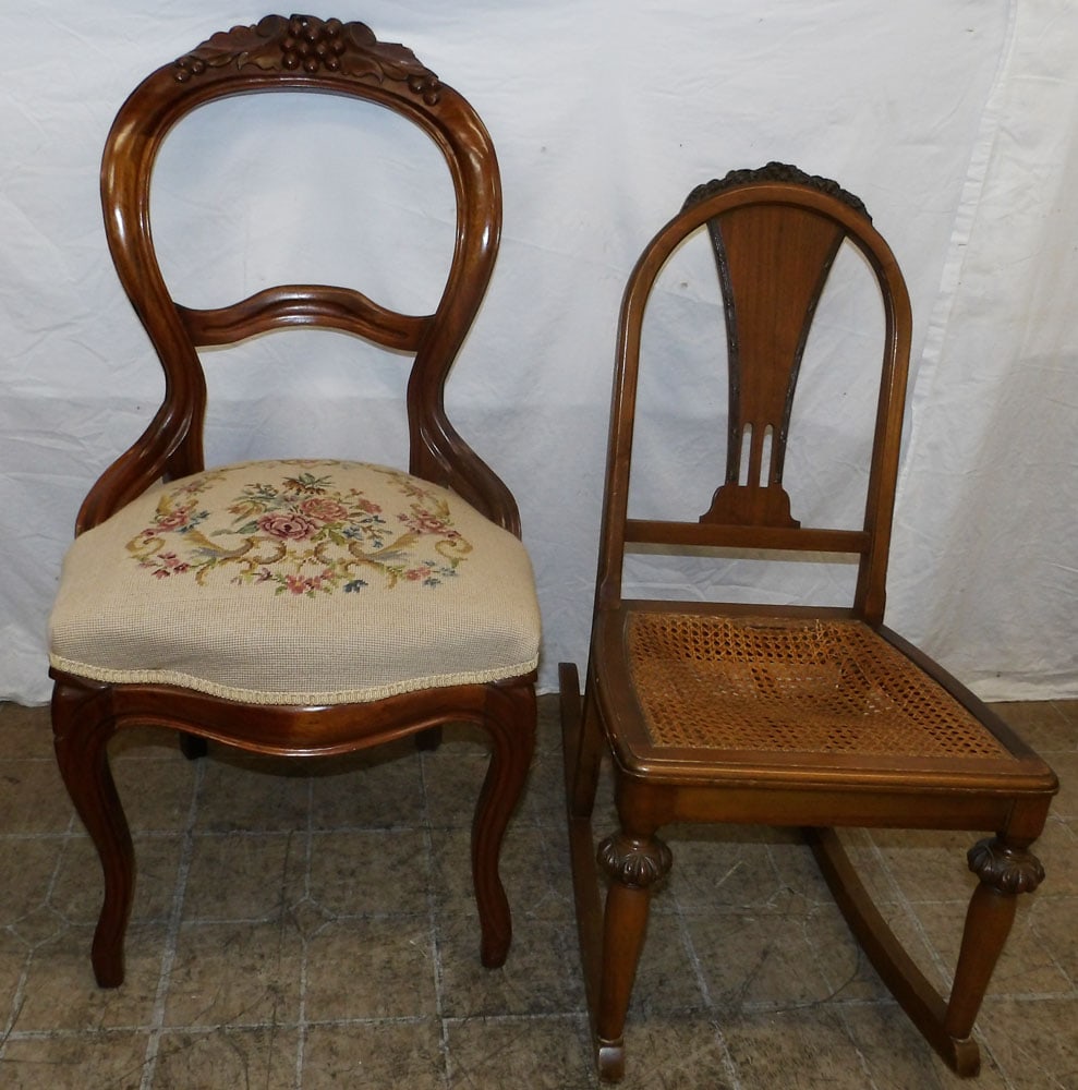 Antique Walnut Victorian Side Chair with Needlepoint Seat & Walnut Rocker (1 of 5)