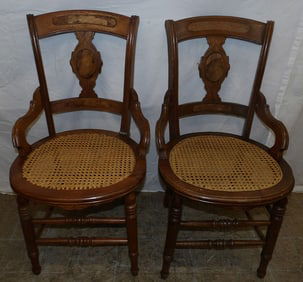 Pair of Antique Walnut Victorian Side Chairs with Cane Seats
