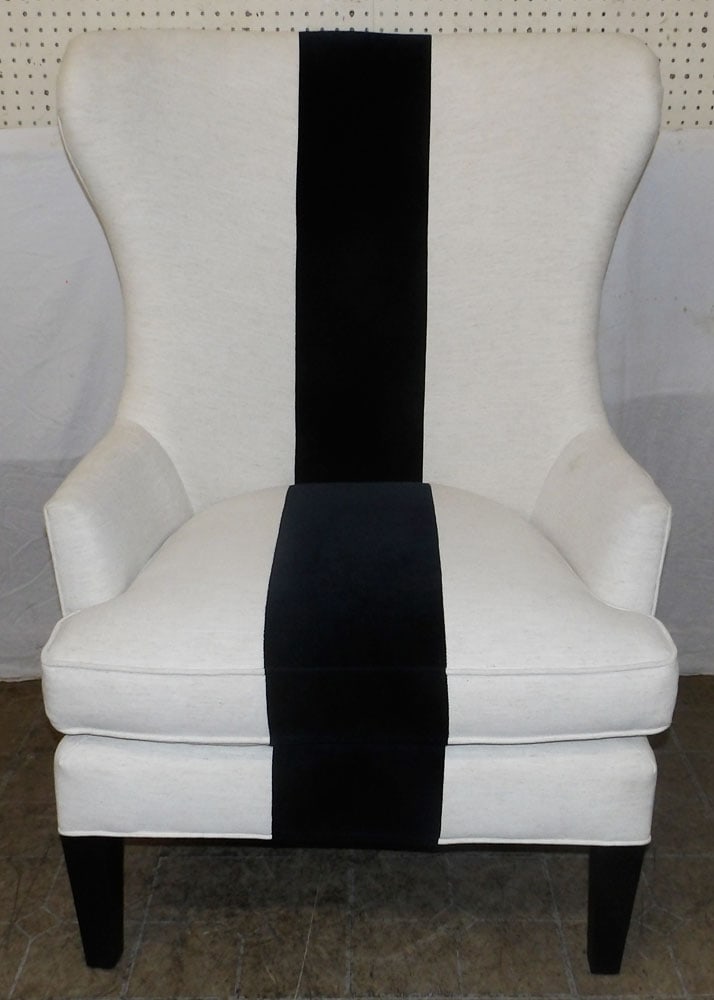 Modern Upholstered High Back Chair: Modern Upholstered High Back Chair . 48 1/2" H 32 1/2" W 34" D ALL DESCRIPTIONS AND ANY CONDITION STATEMENT GIVEN BY LANGSTON AUCTION GALLERY ARE STRICTLY OPINIONS AND LANGSTON'S SHALL HAVE NO RESPONS