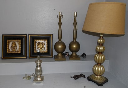 Lot of Decorative Lamps & Pair of Painted Resin Wall Plaques