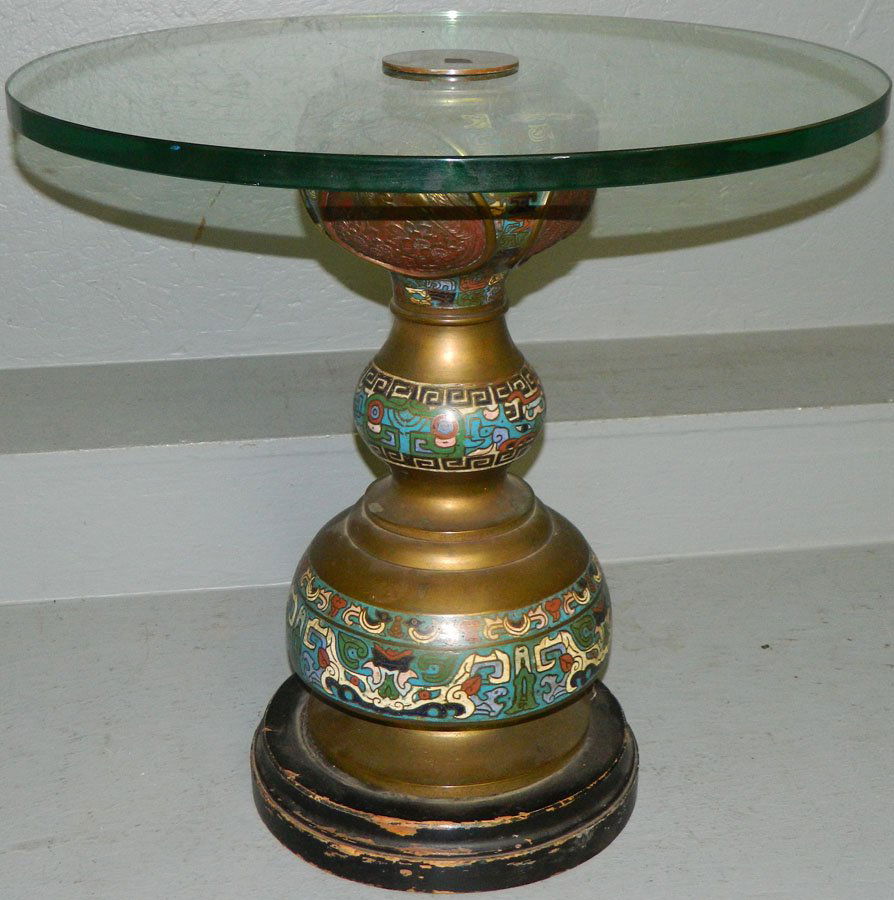 Cloisonne tea table with heavy glass top.: Cloisonne tea table with heavy glass top. 22" diameter x 21 1/4" tall. Glass 3/4" thick.
