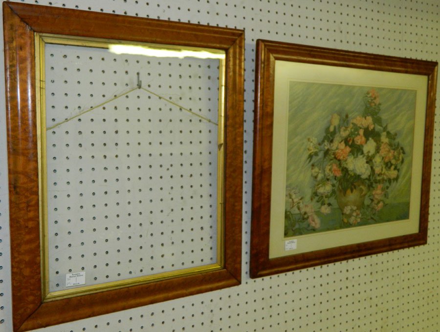 Two birdseye maple frames. One with print.: Floral print in birdseye maple frame and another birdseye maple frame.