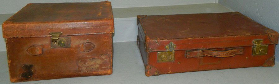 Early leather travel hat box & leather suitcase.: Early leather travel hat box and early leather suitcase.