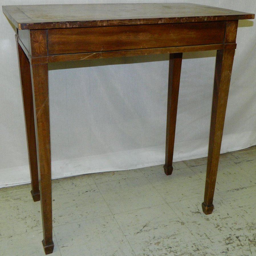 One drawer work table with burl walnut top.: One drawer work table with burl walnut top and shell inlay. 16 1/2" deep x 28" long x 29 3/4" tall.