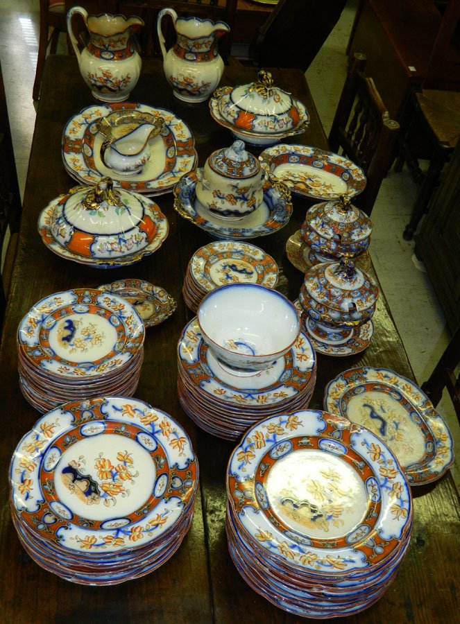 Blue decorated English ironstone china.: (73) pieces of blue decorated English ironstone china. Some are discolored.