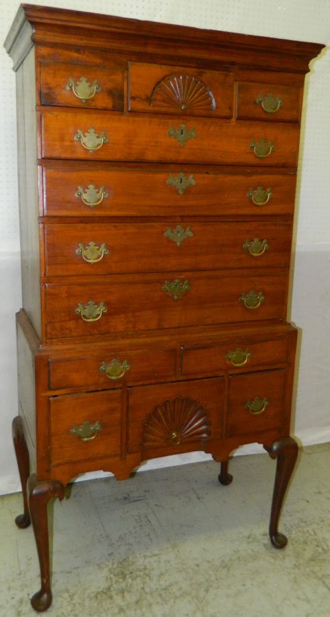 18th C QA New England birch or maple highboy.: 18th Century Queen Anne New England birch or maple highboy. 1750 - 1760. 36 1/2" wide x 19 3/4" deep x 72 3/4" tall.