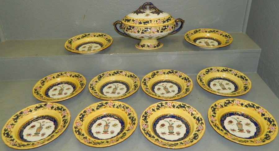 Early 1800's Mason's ironstone, unusual color. : Early 1800's Mason's ironstone, unusual color. 10 soup bowls 10 1/2" and (1) covered dish 14 1/2" handle to handle x 10" tall.
