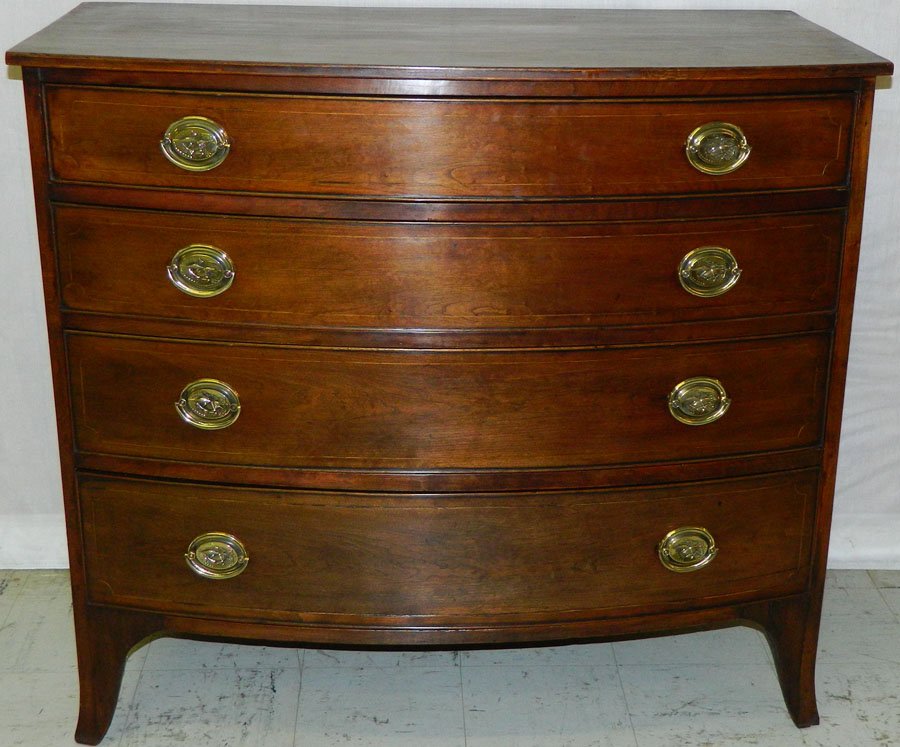 American cherry four drawer bowfront chest.: American cherry four drawer bowfront inlaid Hepplewhite chest. 39 3/4" wide x 21 1/2" deep x 35 1/2" tall.