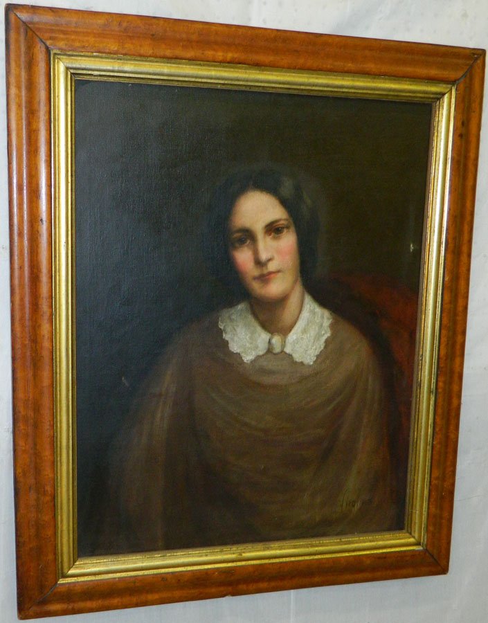 Canvas portrait in birdseye maple frame.: Canvas portrait of a young girl in birdseye maple frame .Signed but unlegible. 30" x 36 1/4".