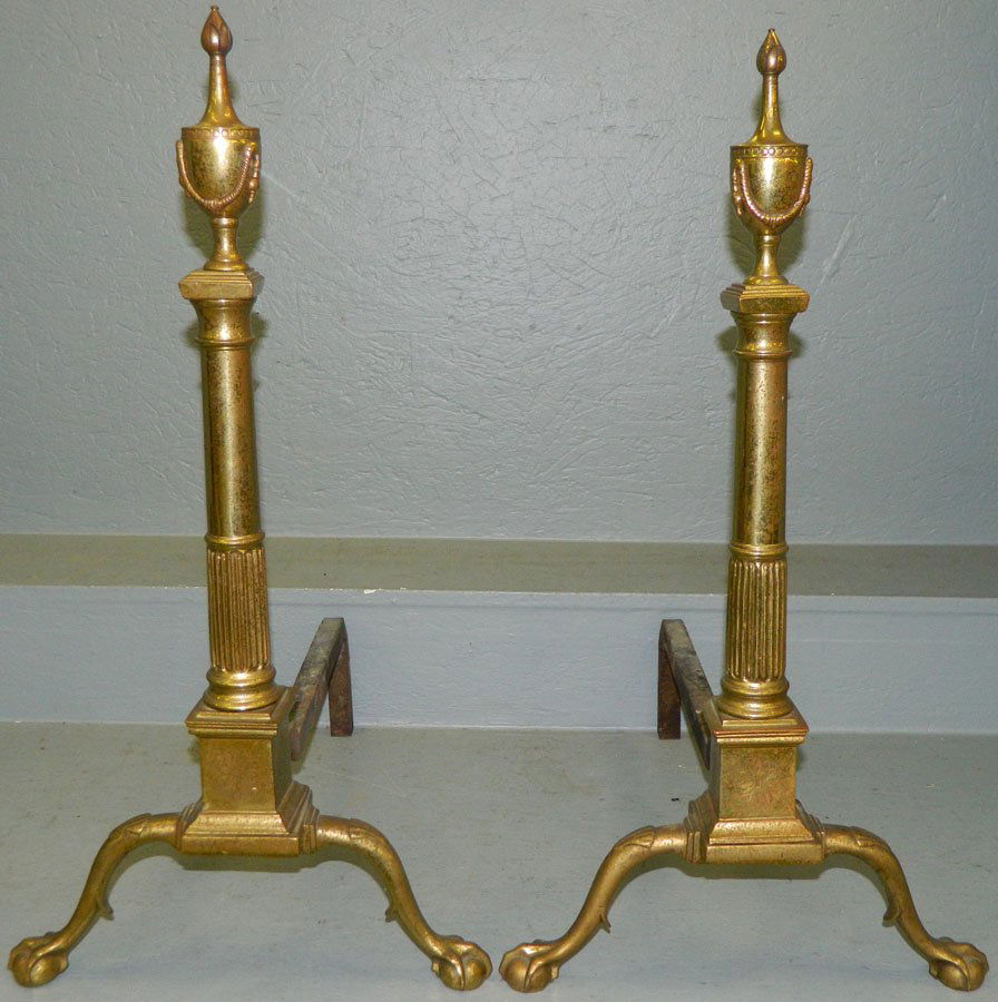Pair of brass andirons.: Pair of brass andirons. 26 1/2" tall.