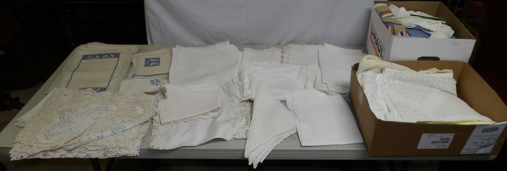 Lot of Linens: Lot of Linens. Up to 34" W 21" D ALL DESCRIPTIONS AND ANY CONDITION STATEMENT GIVEN BY LANGSTON AUCTION GALLERY ARE STRICTLY OPINIONS AND LANGSTON'S SHALL HAVE NO RESPONSIBILITY FOR ERRORS OR OMISSION
