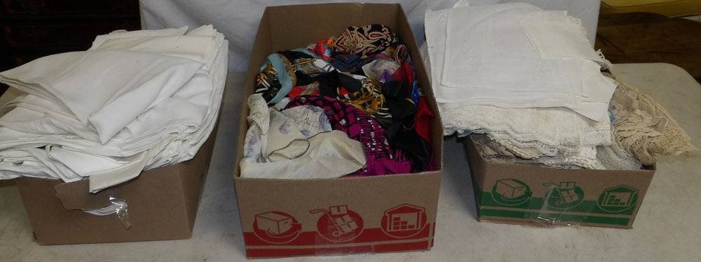 Lot of Linens & Ladies Scarfs: Lot of Linens & Ladies Scarfs. Up to 109" L 36" D ALL DESCRIPTIONS AND ANY CONDITION STATEMENT GIVEN BY LANGSTON AUCTION GALLERY ARE STRICTLY OPINIONS AND LANGSTON'S SHALL HAVE NO RESPONSIBILITY FOR E