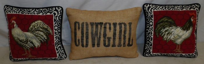 Lot of Two Needlepoint Rooster Pillows & Cowgirl Pillow