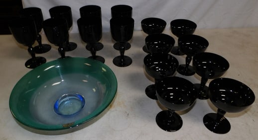 Lot of Black Amethyst Stemware & Green Glass Bowl