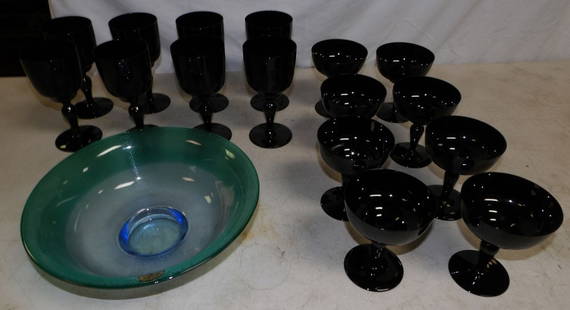 Lot of Black Amethyst Stemware & Green Glass Bowl: Lot of Black Amethyst Stemware & Green Glass Bowl. Up to 3 1/2" H 11" W 3 1/2" D' ALL DESCRIPTIONS AND ANY CONDITION STATEMENT GIVEN BY LANGSTON AUCTION GALLERY ARE STRICTLY OPINIONS AND LANGSTON'S SH