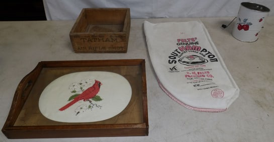 Lot of Advertising Pine Box, Sifter, & Serving Tray