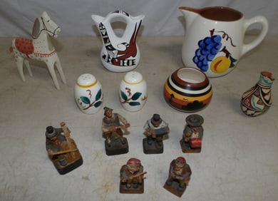 Lot of Painted NC Pottery & Carved Wood Figurines