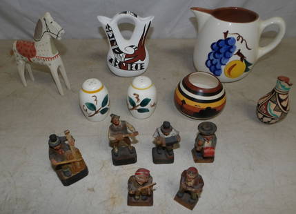 Lot of Painted NC Pottery & Carved Wood Figurines: Lot of Painted NC Pottery & Carved Wood Figurines . Up to 5 1/2" H 5" W 4" D ALL DESCRIPTIONS AND ANY CONDITION STATEMENT GIVEN BY LANGSTON AUCTION GALLERY ARE STRICTLY OPINIONS AND LANGSTON'S SHALL H