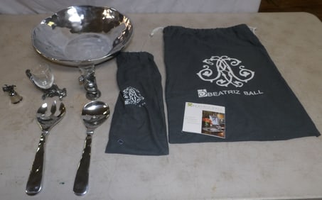Lot of Frankli Wild Ornate Shot Glasses, Aluminum Salad Set, & Silverplated Bell