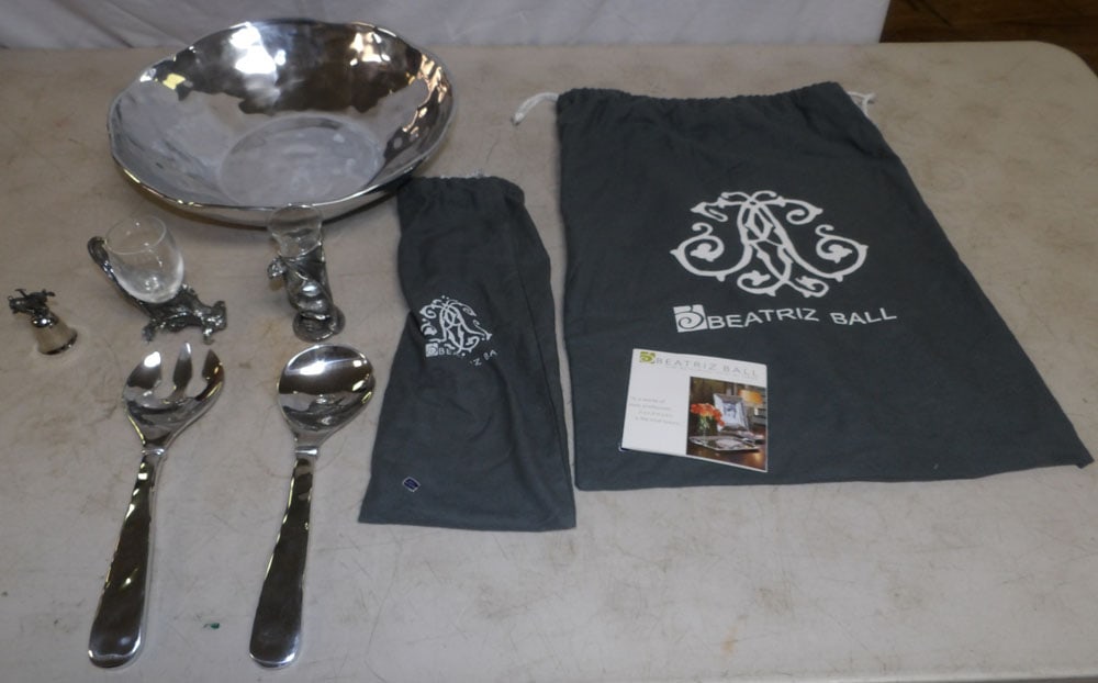 Lot of Frankli Wild Ornate Shot Glasses, Aluminum Salad Set, & Silverplated Bell (1 of 3)