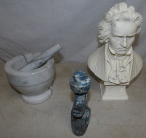 Lot of Marble Mortar & Pestle, Carved Stone Figure, & Resin Bust