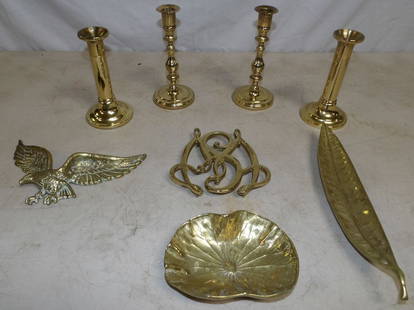 Lot of Baldwin Candlesticks & VA Metalcrafters Tobacco Leaf: Lot of Baldwin Candlesticks & VA Metalcrafters Tobacco Leaf. Up to 12" W 4 1/2" D\ ALL DESCRIPTIONS AND ANY CONDITION STATEMENT GIVEN BY LANGSTON AUCTION GALLERY ARE STRICTLY OPINIONS AND LANGSTON'S S