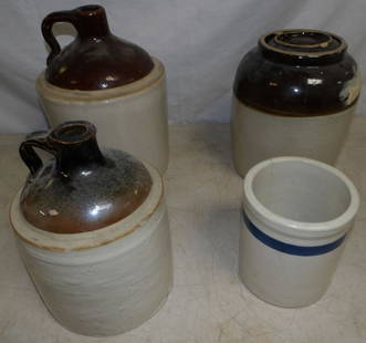 Lot of Stoneware Jugs & Crock: Lot of Stoneware Jugs & Crock. Up to 10" H 7" W 7" D ALL DESCRIPTIONS AND ANY CONDITION STATEMENT GIVEN BY LANGSTON AUCTION GALLERY ARE STRICTLY OPINIONS AND LANGSTON'S SHALL HAVE NO RESPONSIBILITY FO