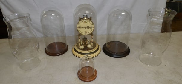 Lot of Anniversary Clock, Glass Domes, & Hurricane Shades