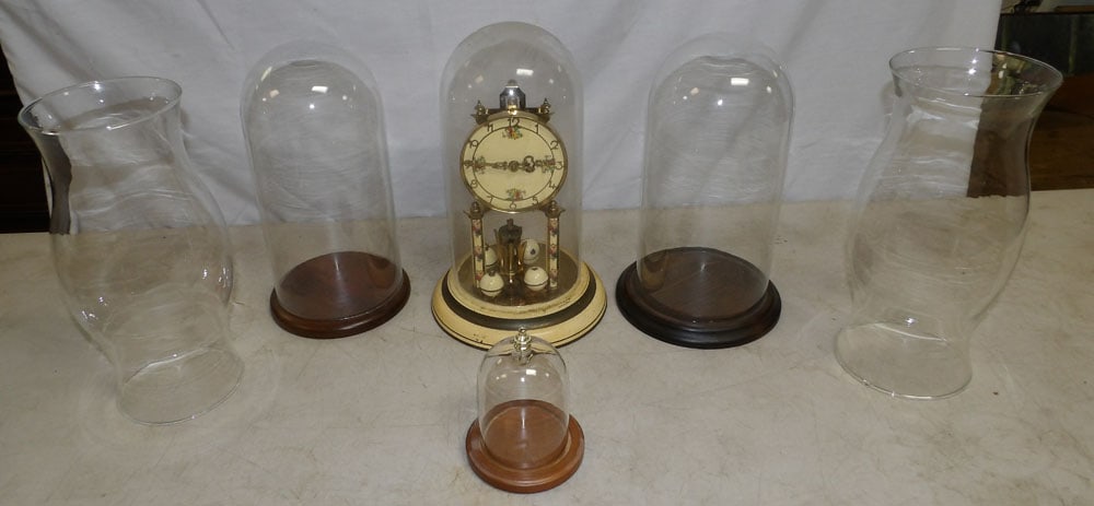 Lot of Anniversary Clock, Glass Domes, & Hurricane Shades (1 of 3)