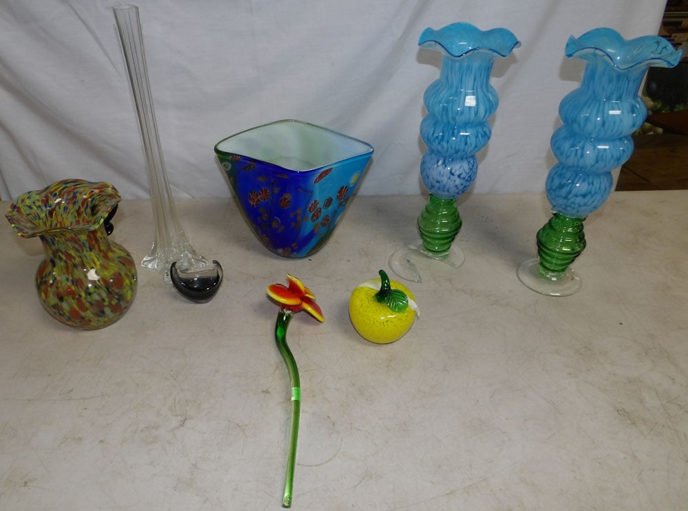 Lot of Art Glass Items, Some As Is: Lot of Art Glass Items, Some As Is. Up to 15 1/2" H 1" W 2 1/2" D ALL DESCRIPTIONS AND ANY CONDITION STATEMENT GIVEN BY LANGSTON AUCTION GALLERY ARE STRICTLY OPINIONS AND LANGSTON'S SHALL HAVE NO RESP