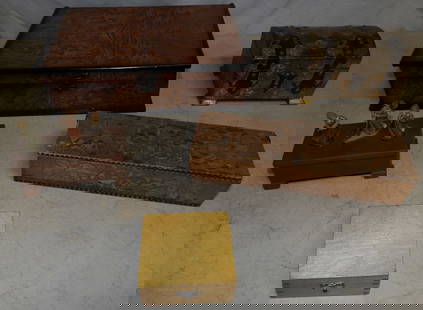 Lot of Wooden Boxes: Lot of Wooden Boxes. Up to 3 1/2" H 13 1/2" W 10" D ALL DESCRIPTIONS AND ANY CONDITION STATEMENT GIVEN BY LANGSTON AUCTION GALLERY ARE STRICTLY OPINIONS AND LANGSTON'S SHALL HAVE NO RESPONSIBILITY FOR