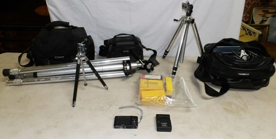 Lot of Tripods, Vintage Camera, & Accessories