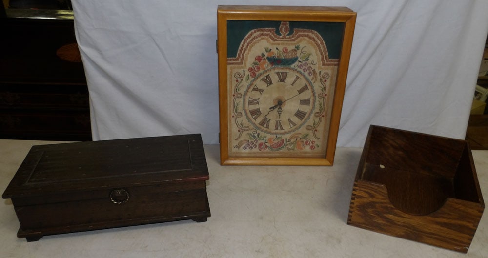 Lot of Wood Boxes & Clock,: Lot of Wood Boxes & Clock,. Up to 17 1/2" H 14" W 3 1/2" D ALL DESCRIPTIONS AND ANY CONDITION STATEMENT GIVEN BY LANGSTON AUCTION GALLERY ARE STRICTLY OPINIONS AND LANGSTON'S SHALL HAVE NO RESPONSIBIL