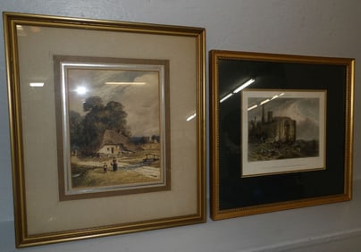 framed engraving and framed watercolor farm scene