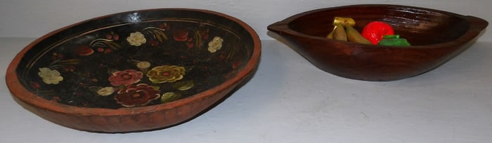 2 carved wooden bowls and decorative fruit