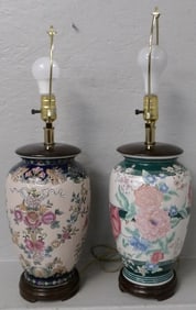 2 painted porcelain oriental vases made into lamps