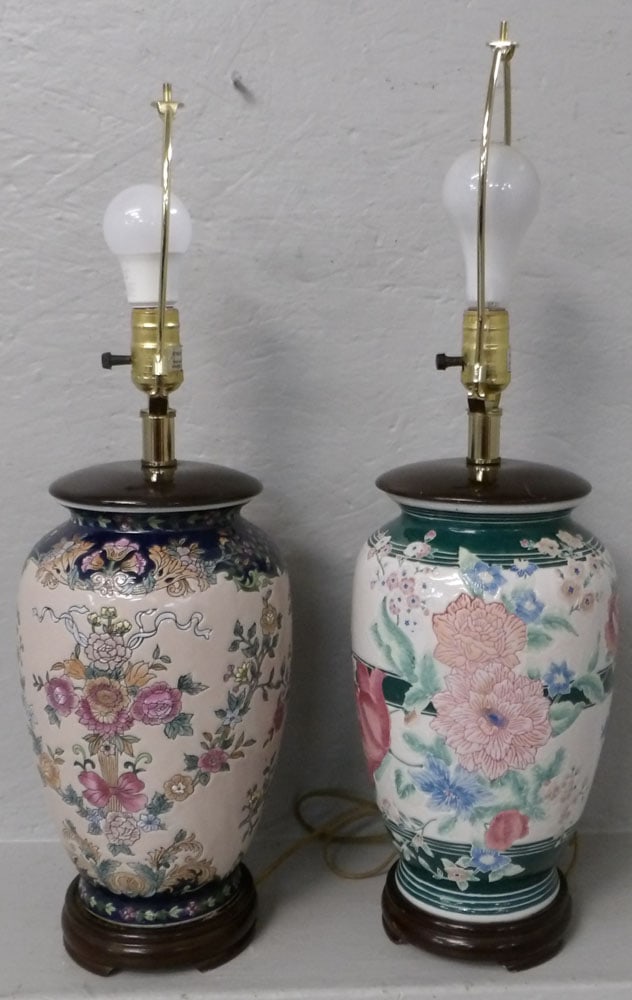 2 painted porcelain oriental vases made into lamps (1 of 3)