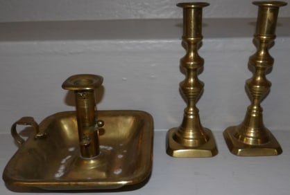 3 antique brass candlesticks
